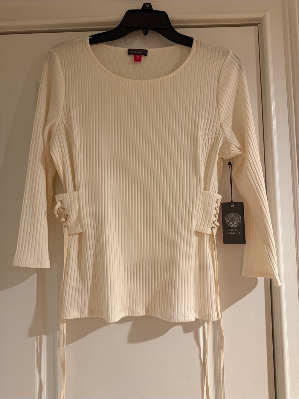Vince Camuto Cream Ribbed Long Sleeve Scoop Neck Top with Side Lace-Up